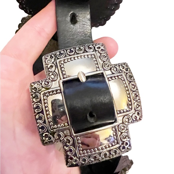Southwestern Aztec Boho Chic Silver and Black Leather Oversized Belt - Picture 3 of 7